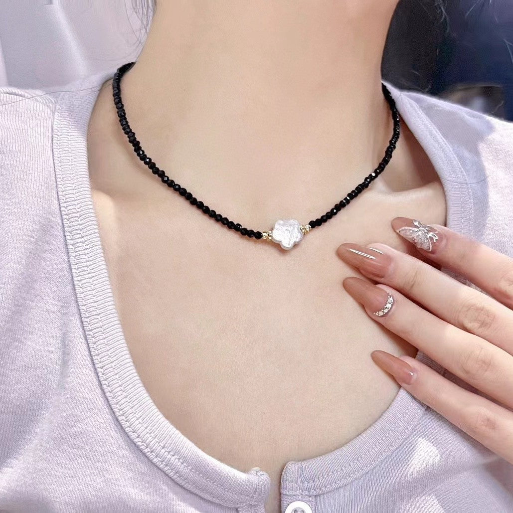 Baroque Style Petal Choker Necklace With Dyed Black Freshwater Pearl Beaded Chain Featuring Electroplated Craftsmanship