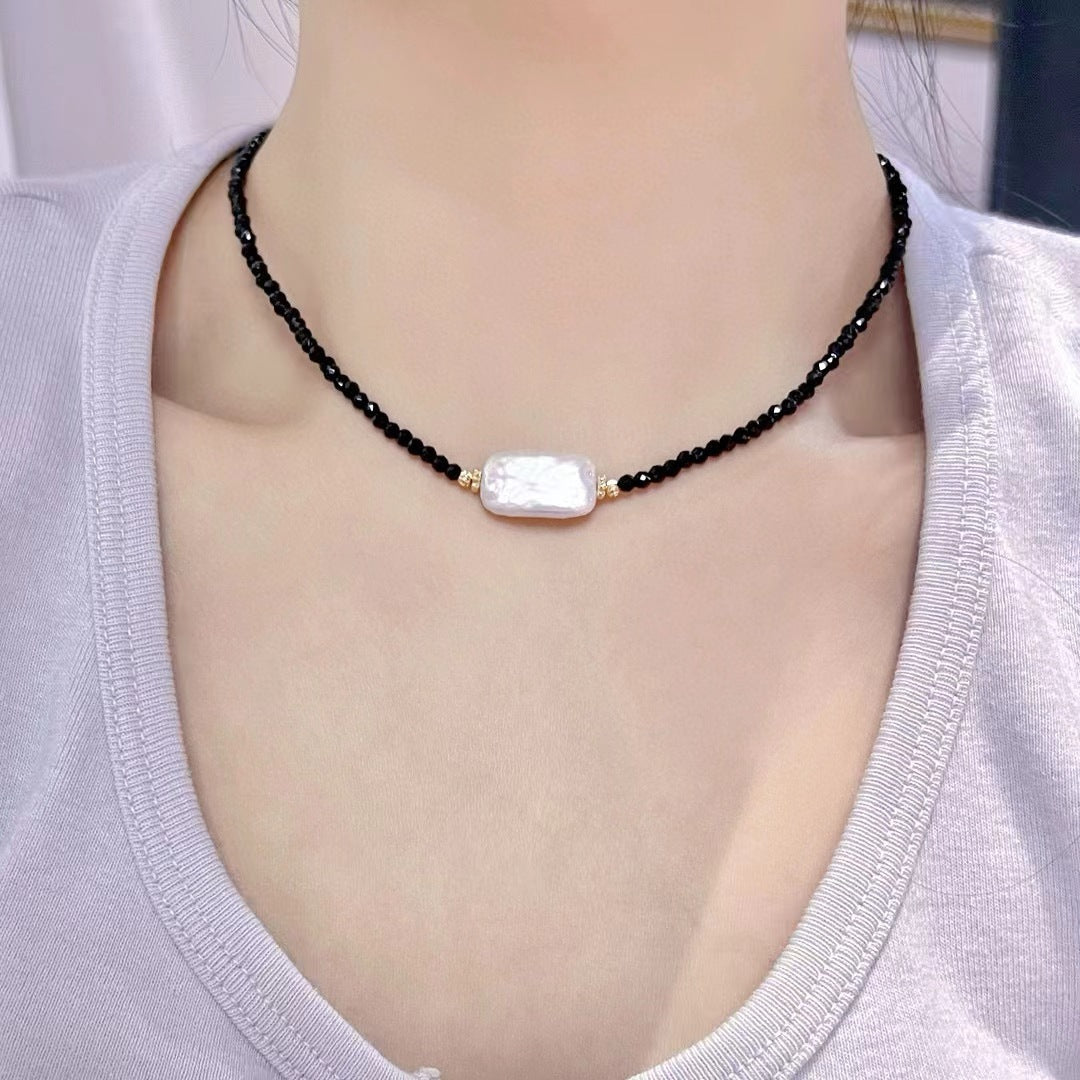 Baroque Style Petal Choker Necklace With Dyed Black Freshwater Pearl Beaded Chain Featuring Electroplated Craftsmanship