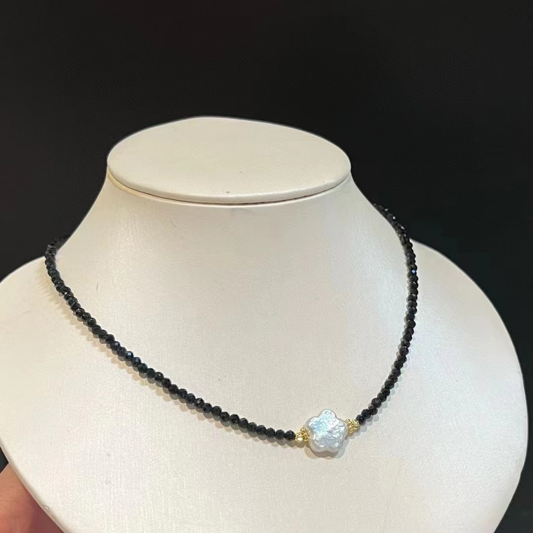 Baroque Style Petal Choker Necklace With Dyed Black Freshwater Pearl Beaded Chain Featuring Electroplated Craftsmanship