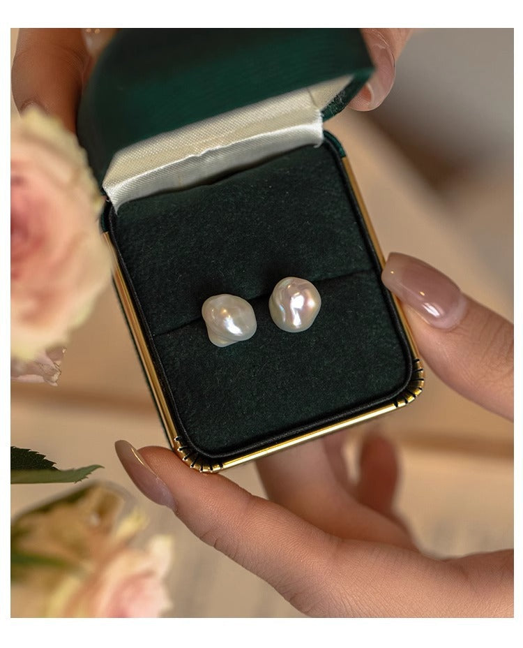 Asymmetrical U Shape Stud Earrings With Freshwater Pearl In Baroque Style, Copper Material For Women