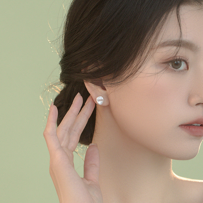 Asymmetrical U Shape Stud Earrings With Freshwater Pearl In Baroque Style, Copper Material For Women