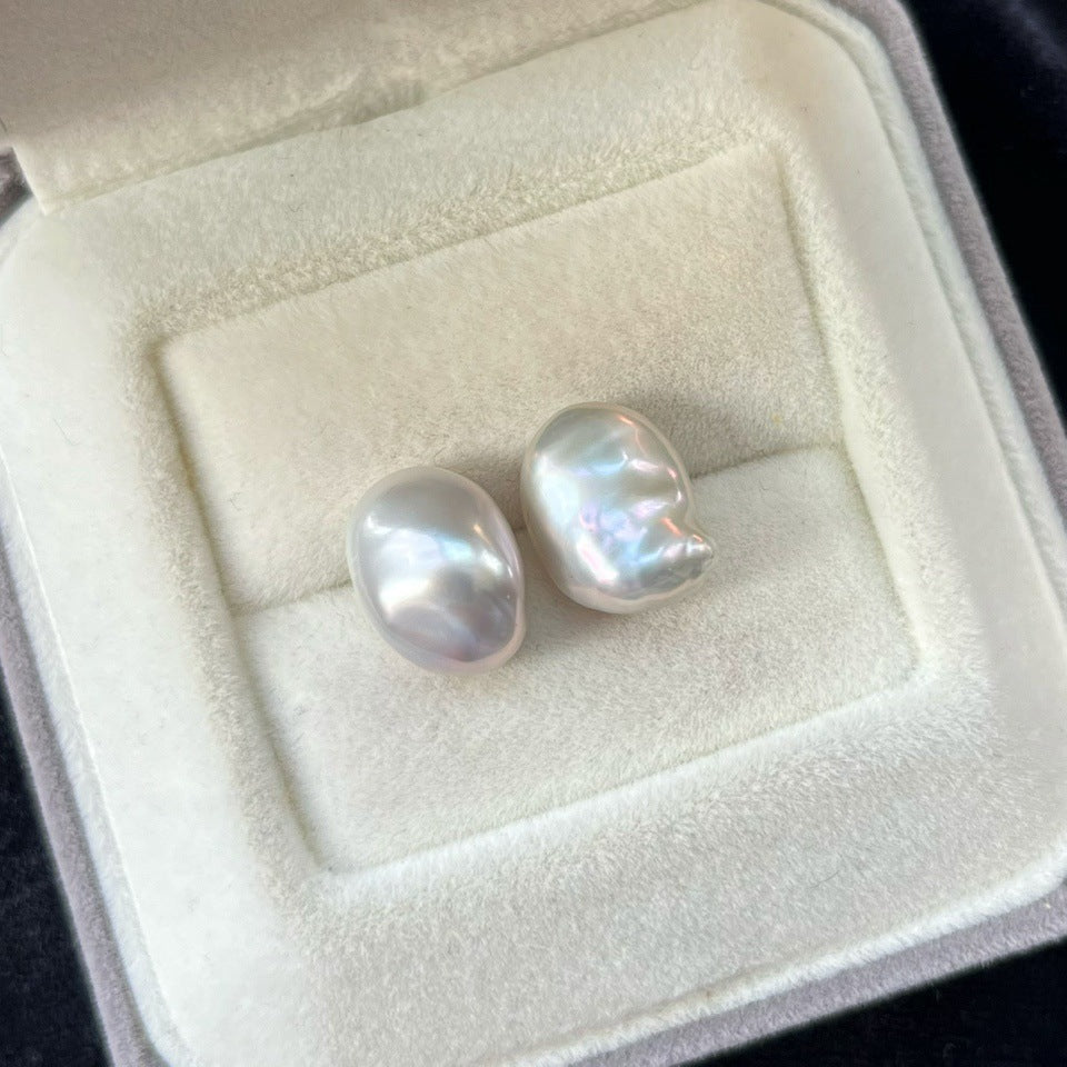 Asymmetrical U Shape Stud Earrings With Freshwater Pearl In Baroque Style, Copper Material For Women