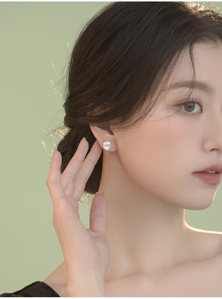 Asymmetrical U Shape Stud Earrings With Freshwater Pearl In Baroque Style, Copper Material For Women