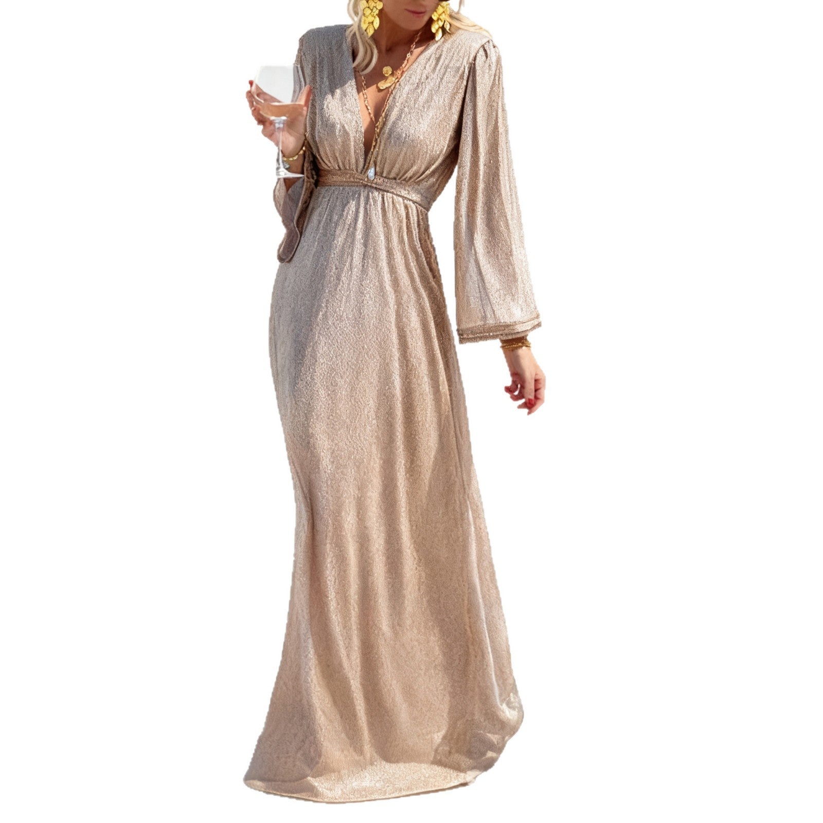 Elegant Solid Color Sequin Dress With V Neck And Long Sleeve In Polyester For Banquet