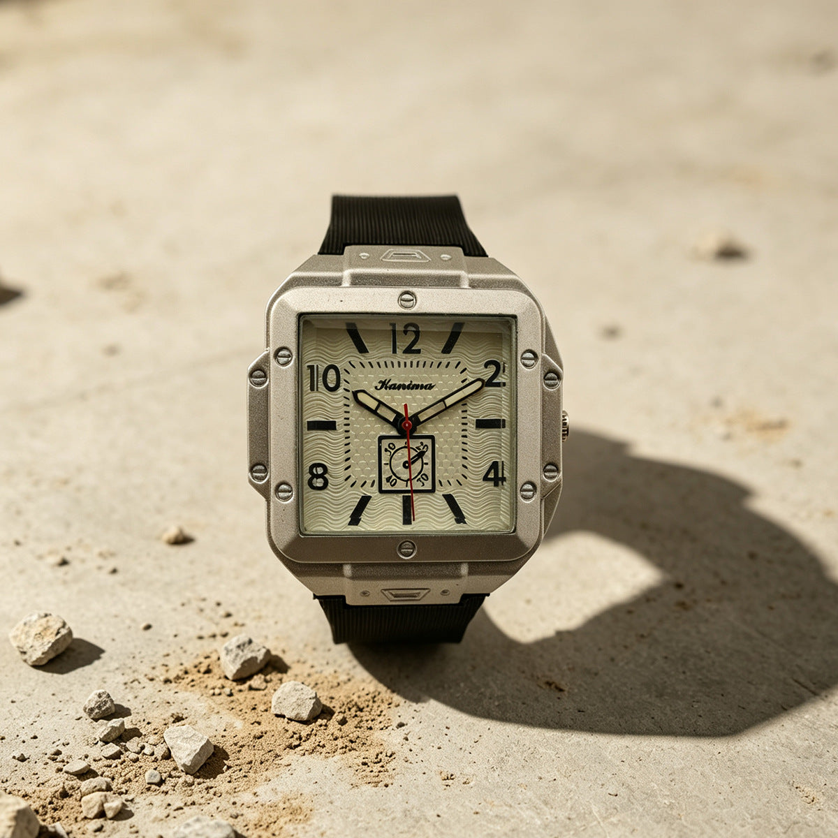 Men's Quartz Watch With Square Dial, Silica Gel Strap, Pin Buckle, Tempered Glass Mirror, And Pointer Display