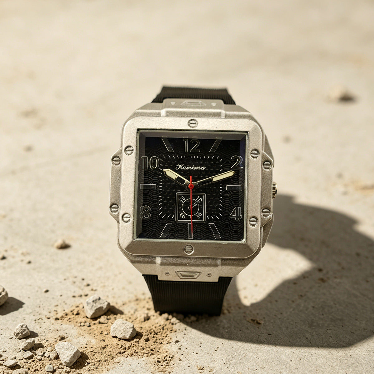 Men's Quartz Watch With Square Dial, Silica Gel Strap, Pin Buckle, Tempered Glass Mirror, And Pointer Display