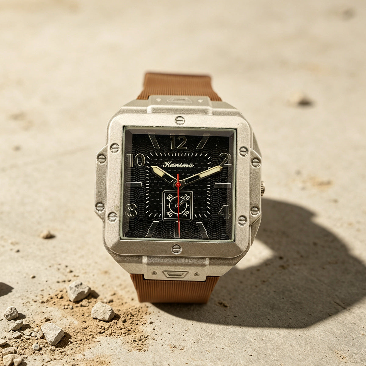 Men's Quartz Watch With Square Dial, Silica Gel Strap, Pin Buckle, Tempered Glass Mirror, And Pointer Display