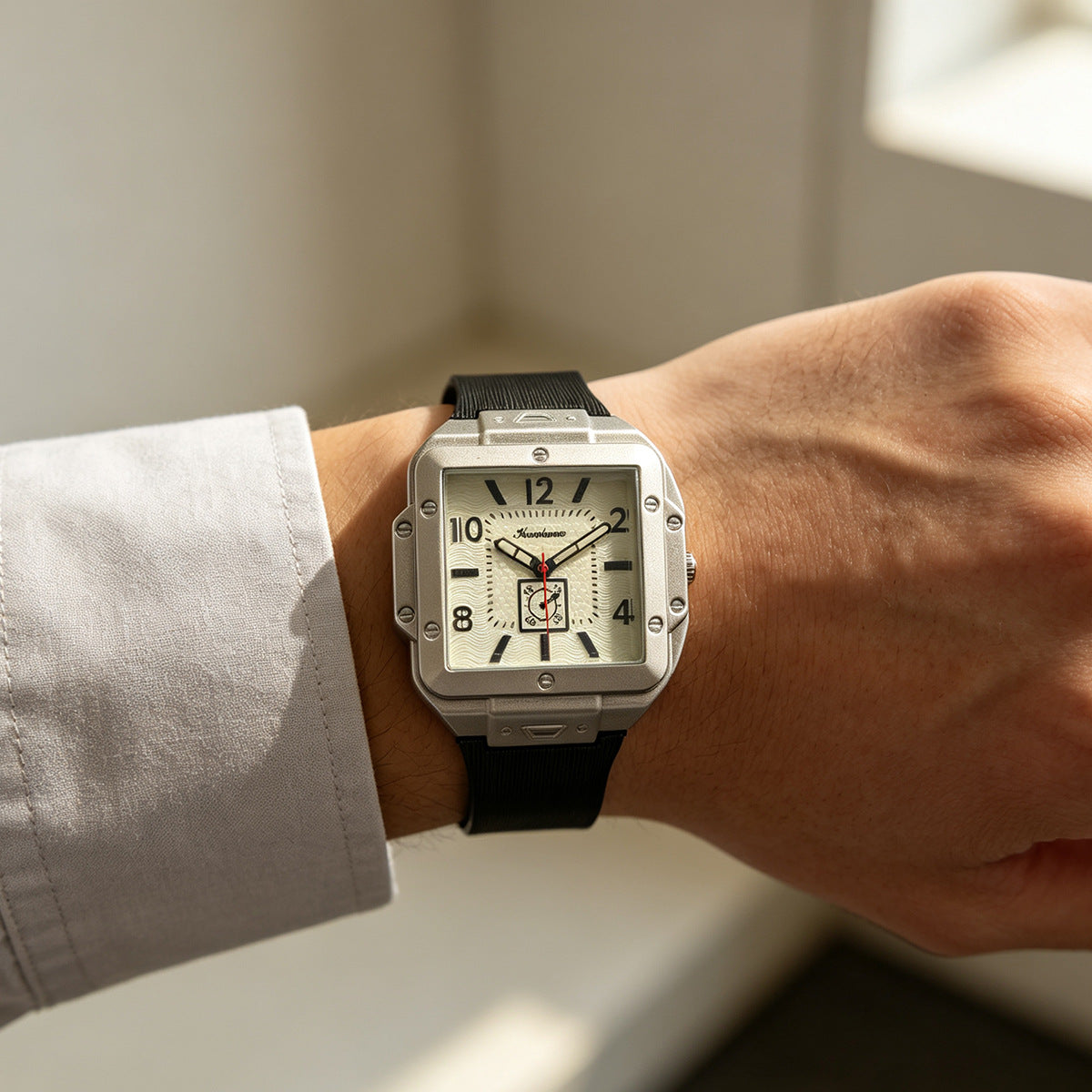 Men's Quartz Watch With Square Dial, Silica Gel Strap, Pin Buckle, Tempered Glass Mirror, And Pointer Display