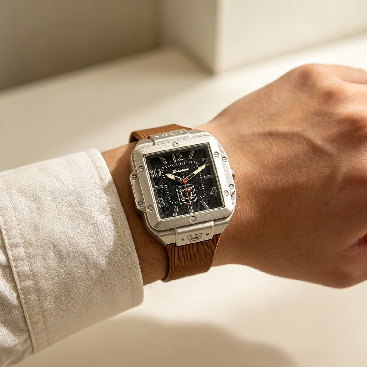 Men's Quartz Watch With Square Dial, Silica Gel Strap, Pin Buckle, Tempered Glass Mirror, And Pointer Display