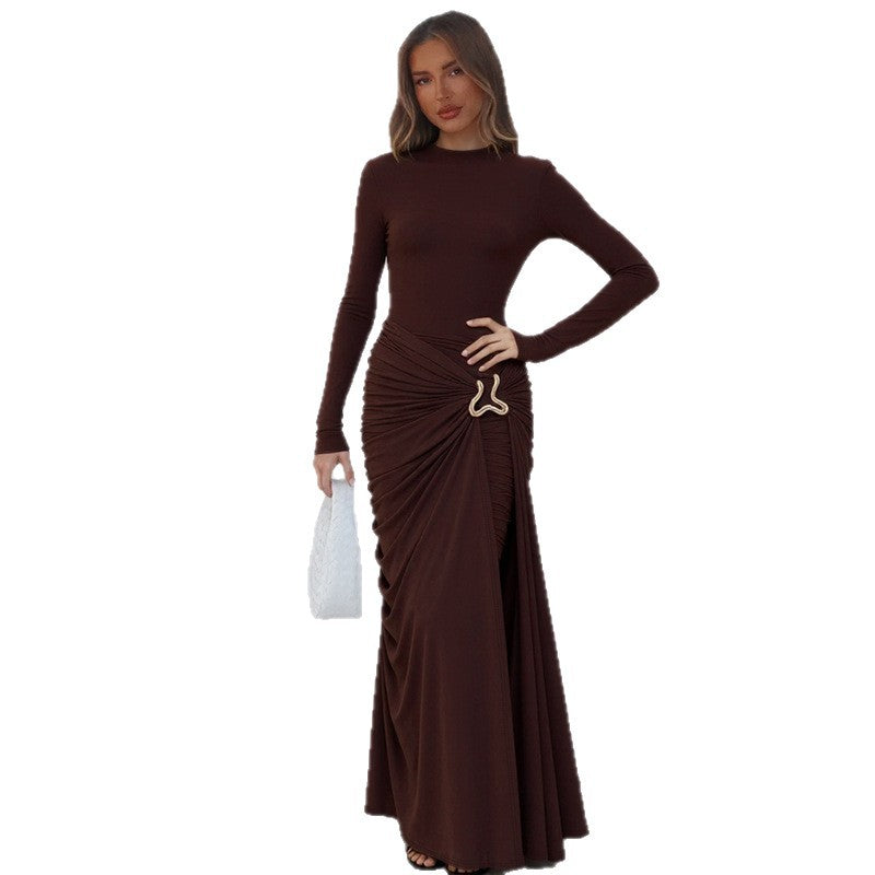Elegant Solid Color Bodycon Dress With Long Sleeve And Round Neck, Made Of Polyester, Perfect For Date Occasion
