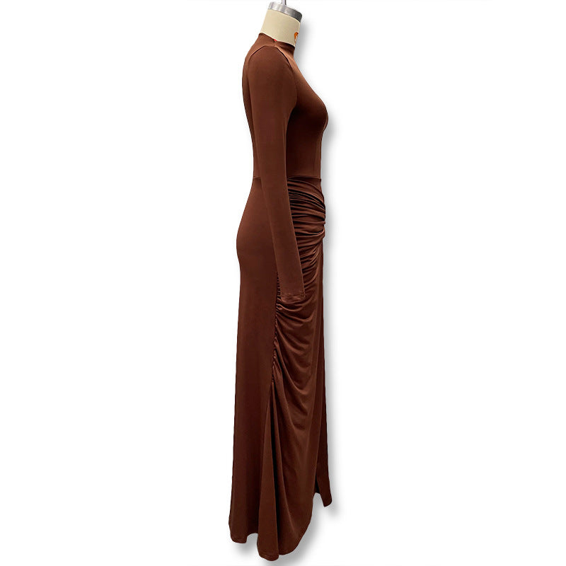Elegant Solid Color Bodycon Dress With Long Sleeve And Round Neck, Made Of Polyester, Perfect For Date Occasion