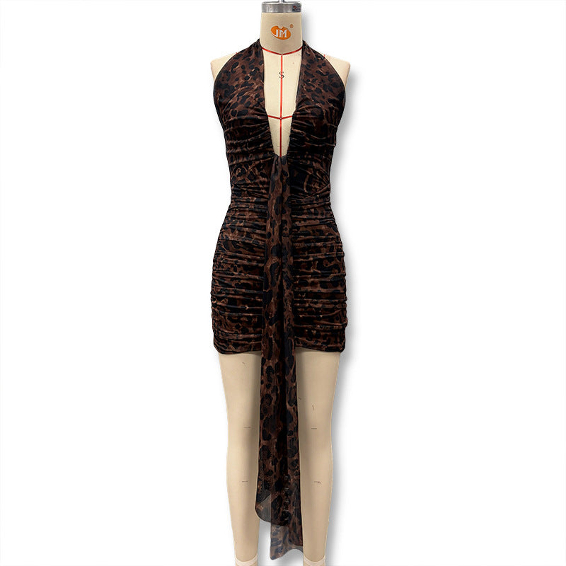 Sexy Cheetah Print Bodycon Dress With Halter Neck Sleeveless Design In Polyester For Daily Wear