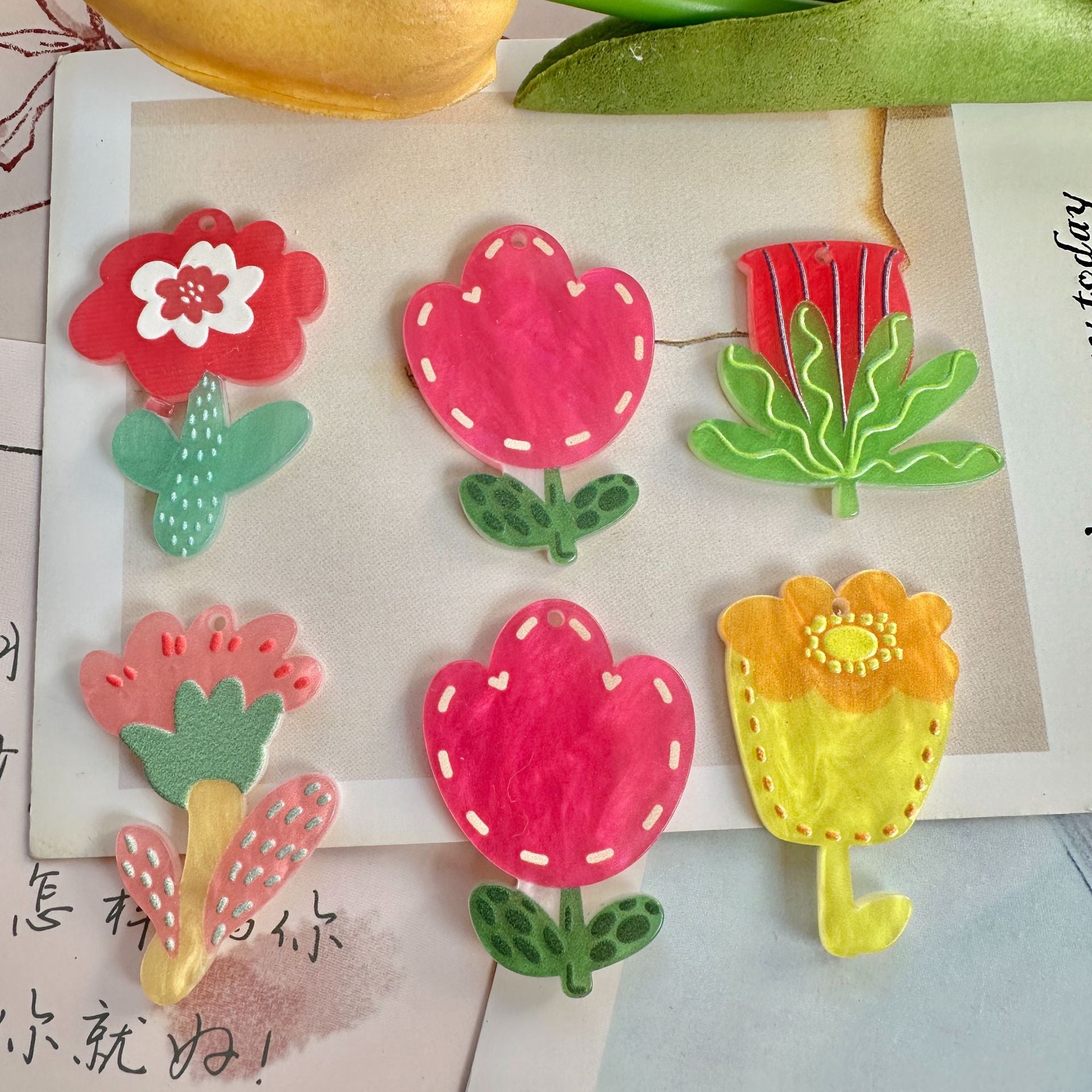 Handmade Red Flowers Pendant Jewelry Accessory Featuring Electroplated Acetic Acid Sheets