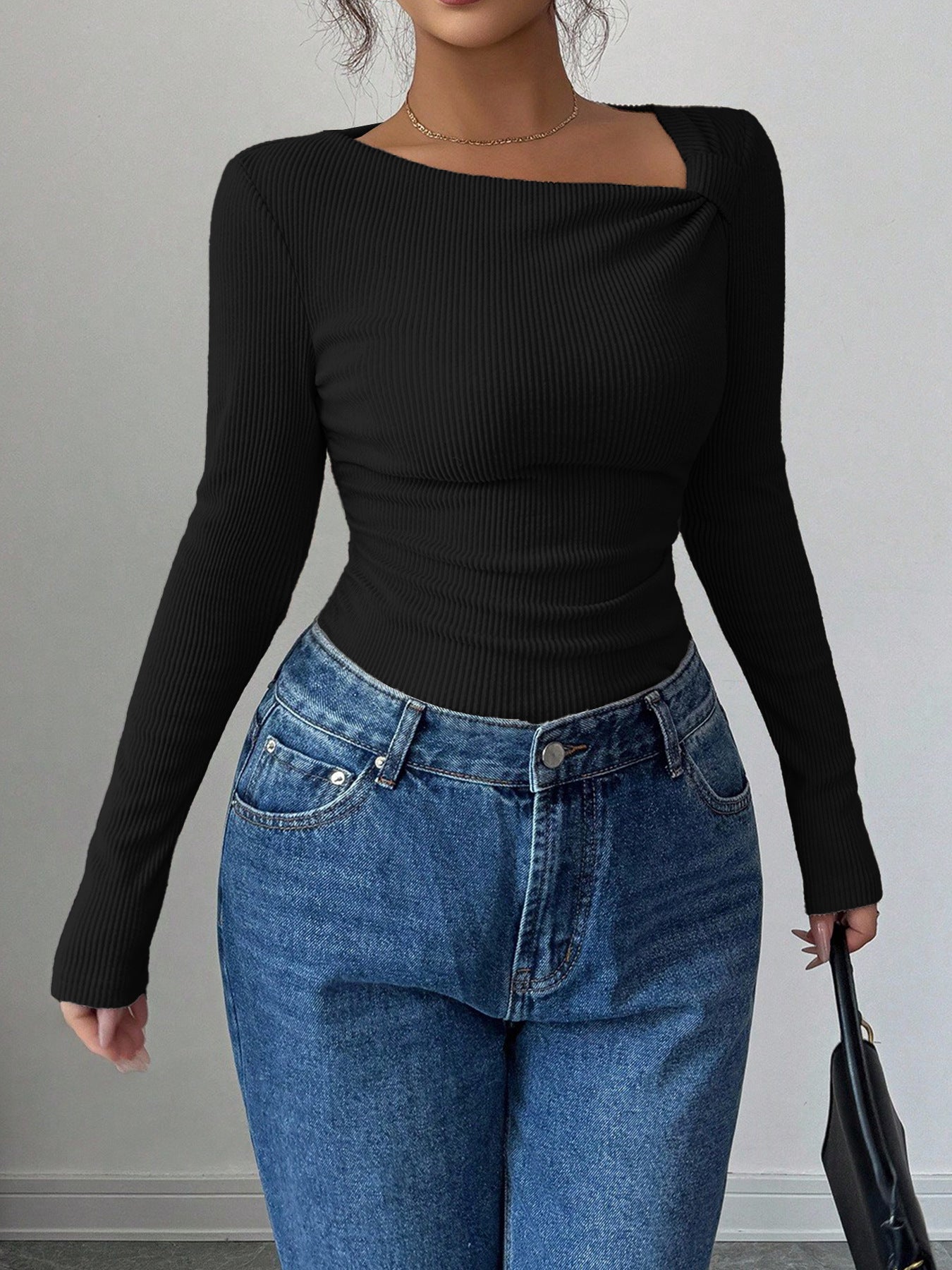Solid Color Casual Long Sleeve Knitwear Top In Polyester Fabric Featuring Knitted Craft