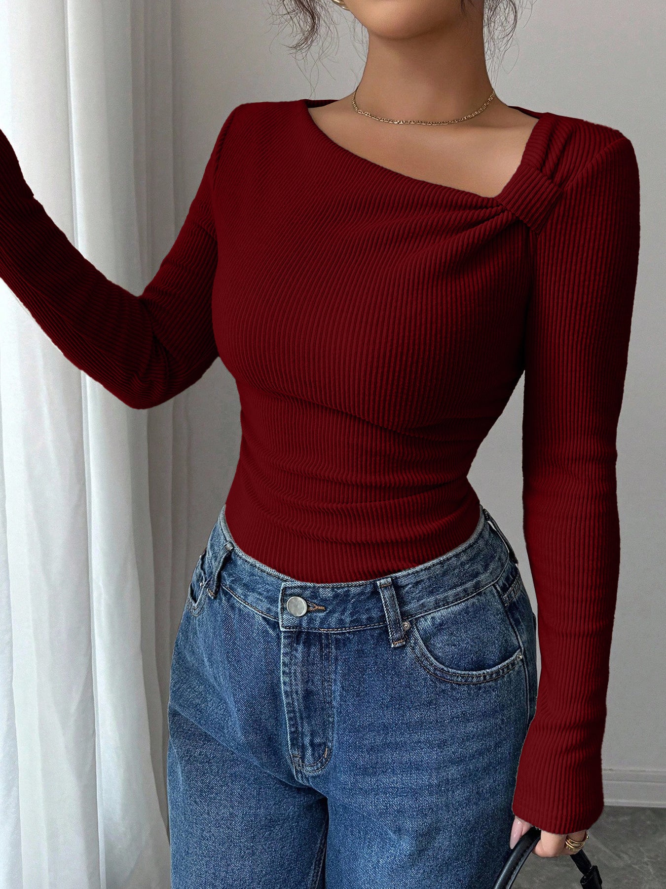 Solid Color Casual Long Sleeve Knitwear Top In Polyester Fabric Featuring Knitted Craft