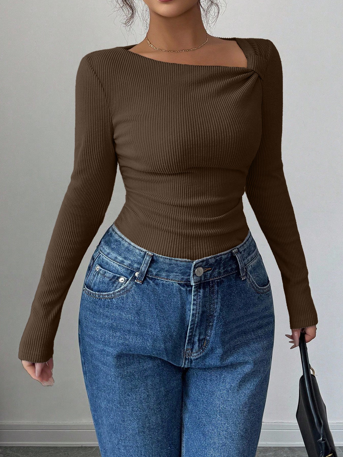 Solid Color Casual Long Sleeve Knitwear Top In Polyester Fabric Featuring Knitted Craft