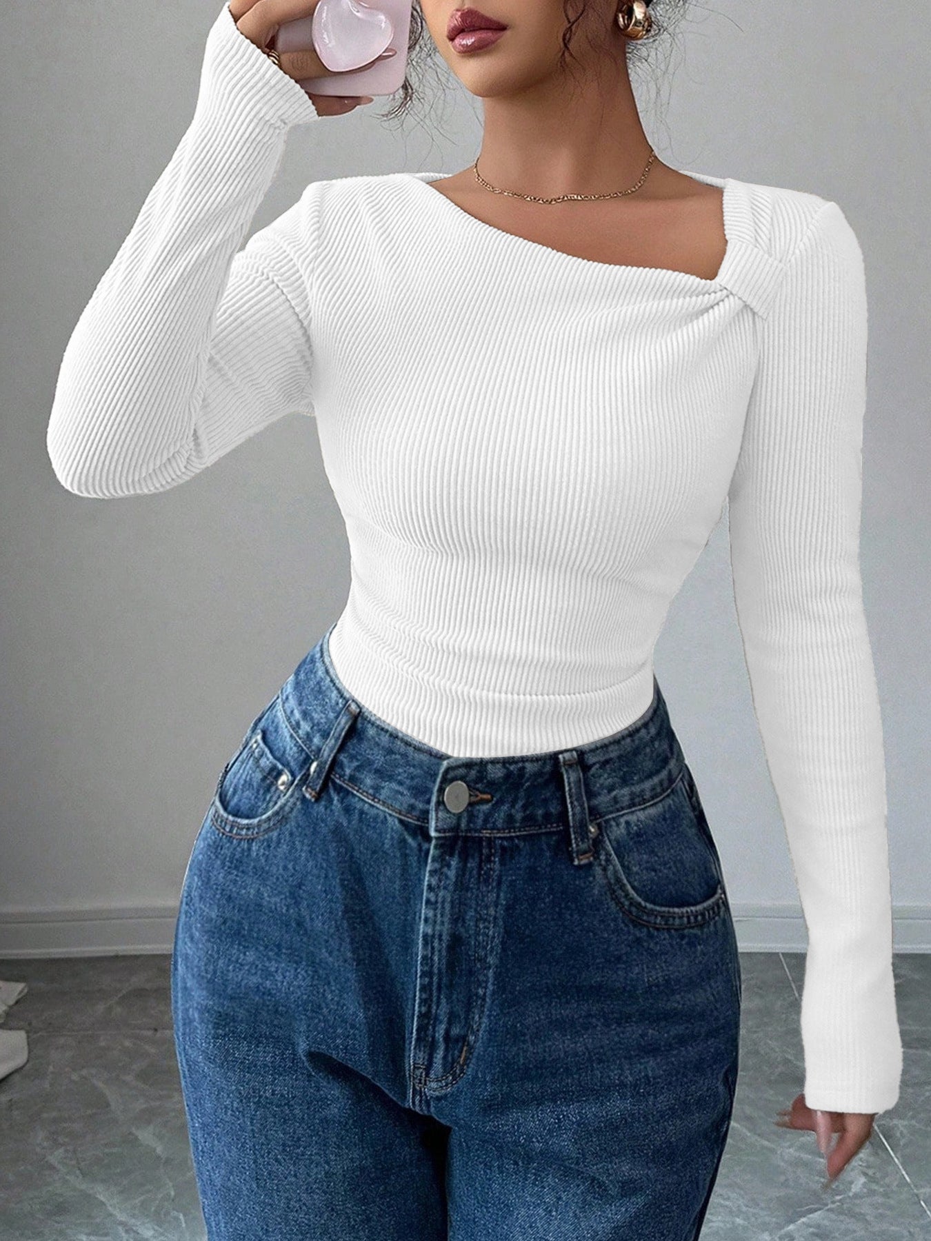 Solid Color Casual Long Sleeve Knitwear Top In Polyester Fabric Featuring Knitted Craft