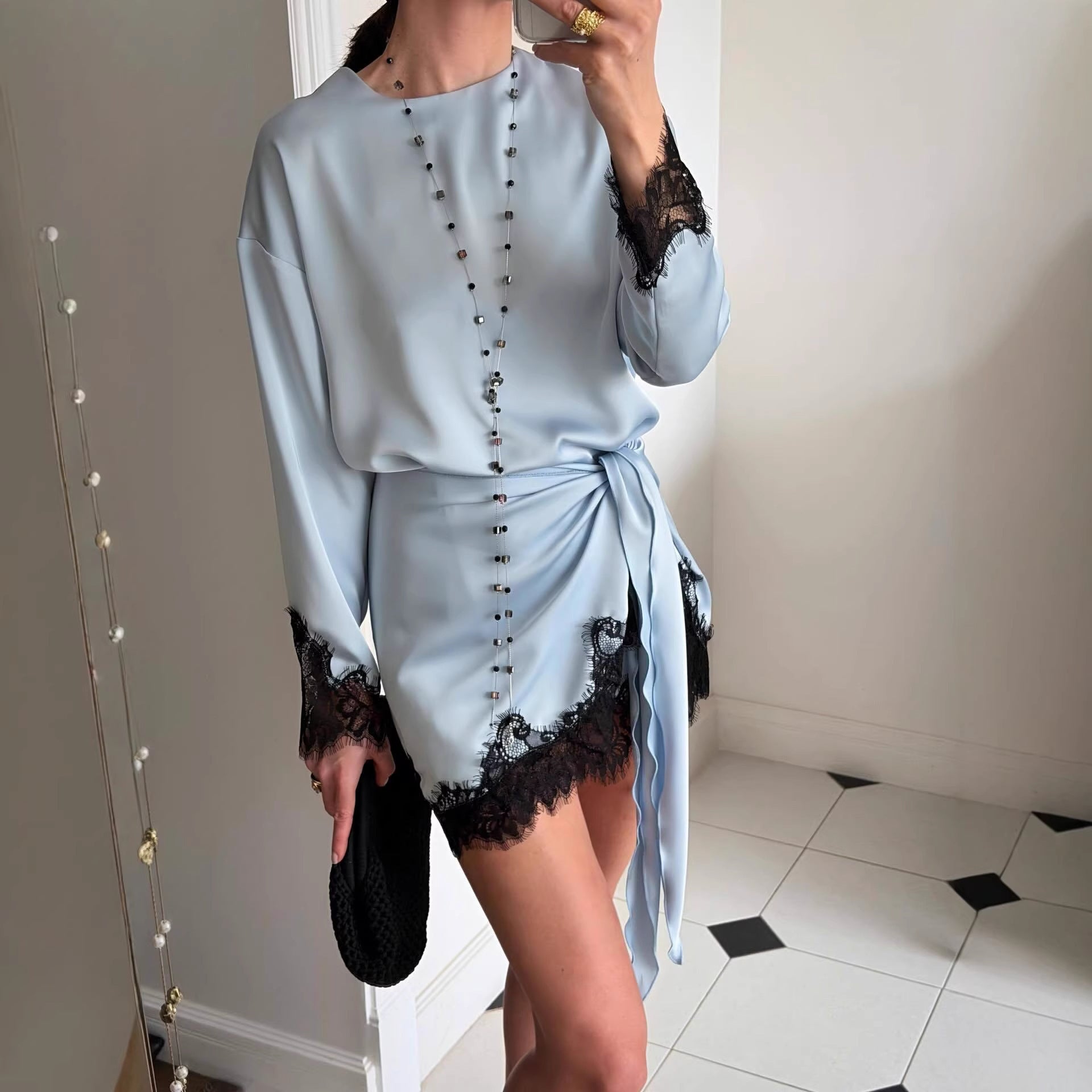 Elegant Long Sleeve Lace Pullover Blouse For Women In Polyester Fabric