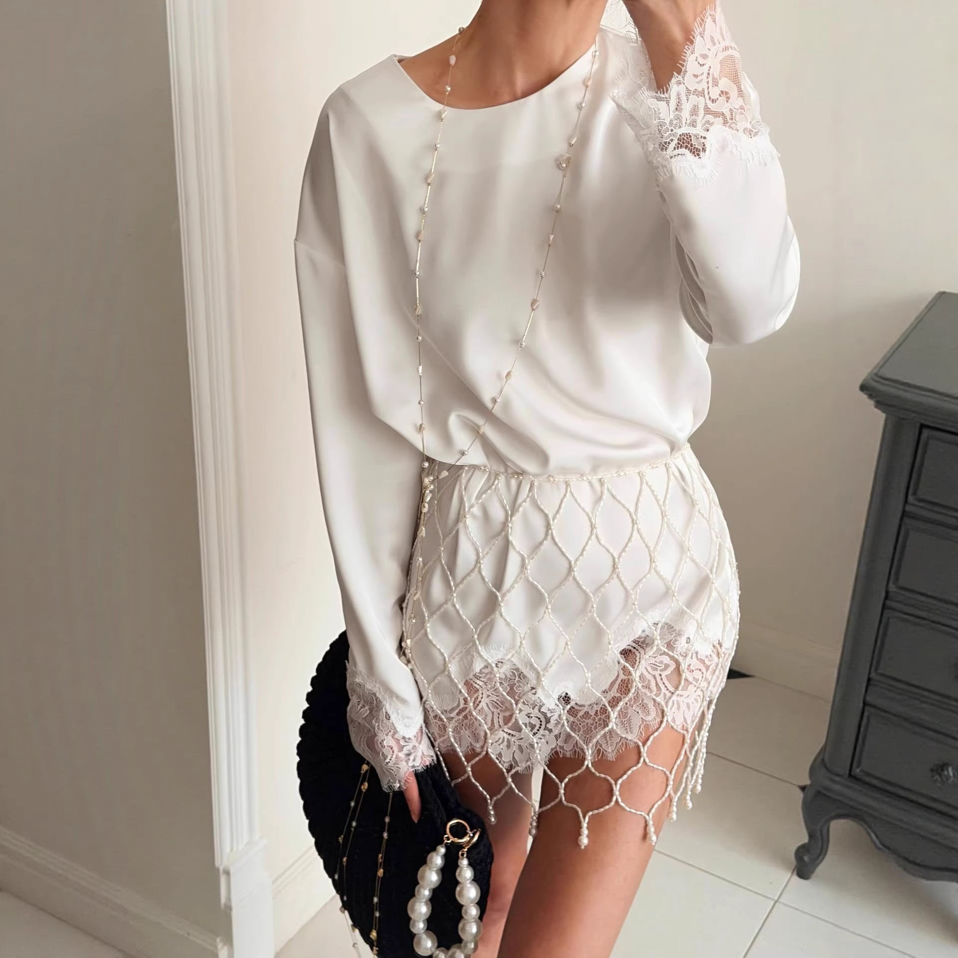 Elegant Long Sleeve Lace Pullover Blouse For Women In Polyester Fabric