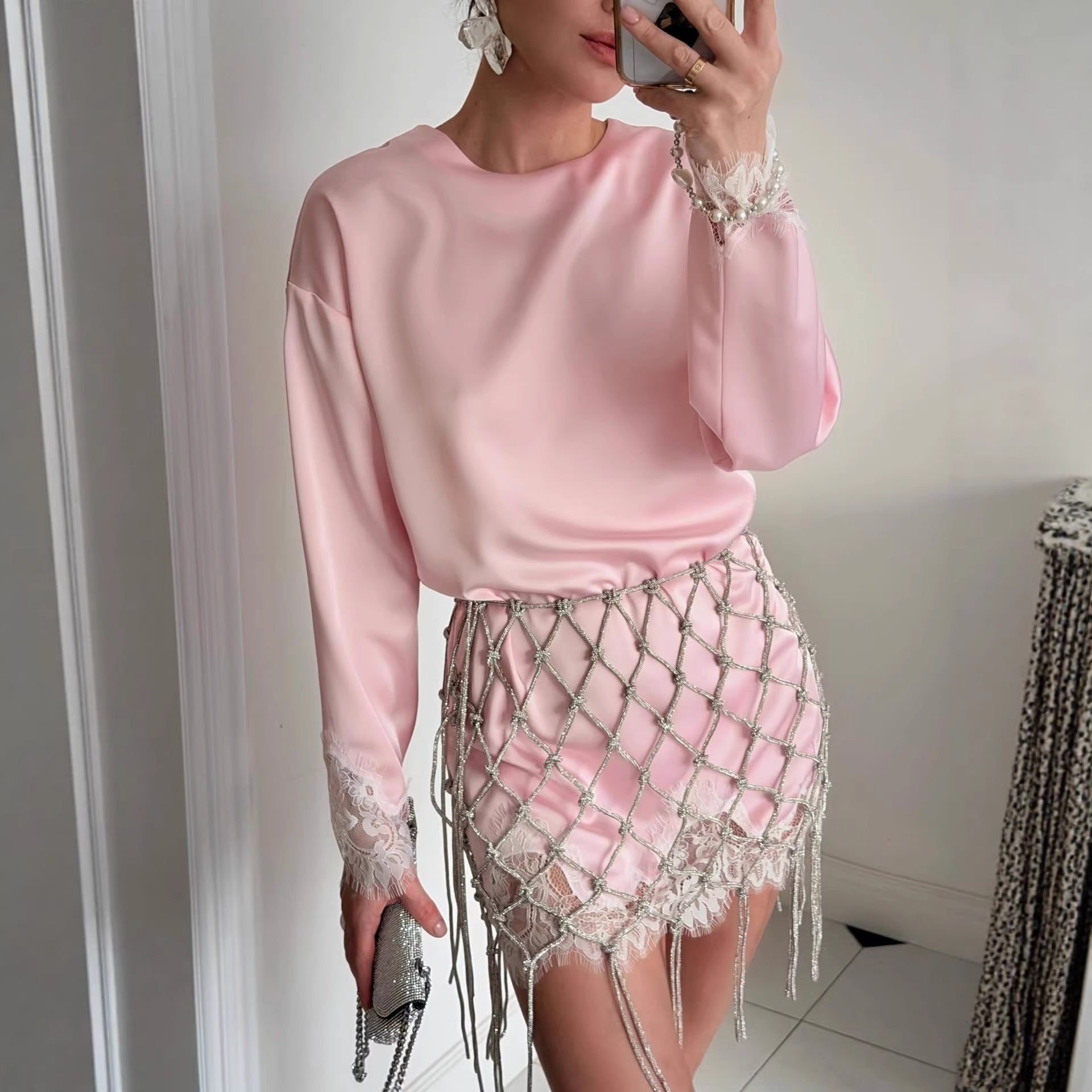 Elegant Long Sleeve Lace Pullover Blouse For Women In Polyester Fabric