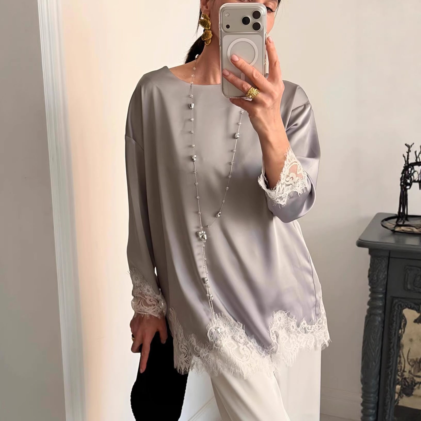 Elegant Long Sleeve Lace Pullover Blouse For Women In Polyester Fabric