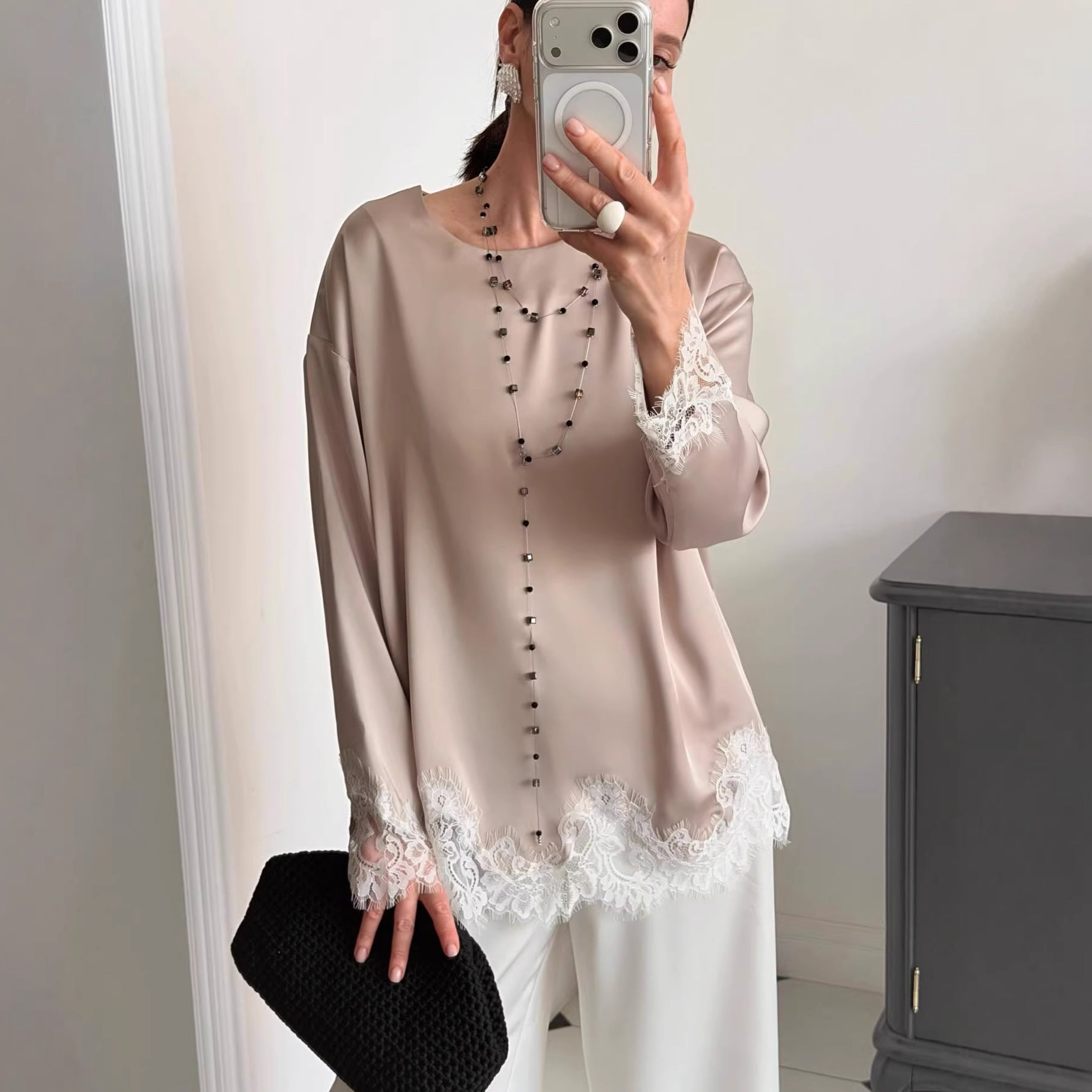 Elegant Long Sleeve Lace Pullover Blouse For Women In Polyester Fabric