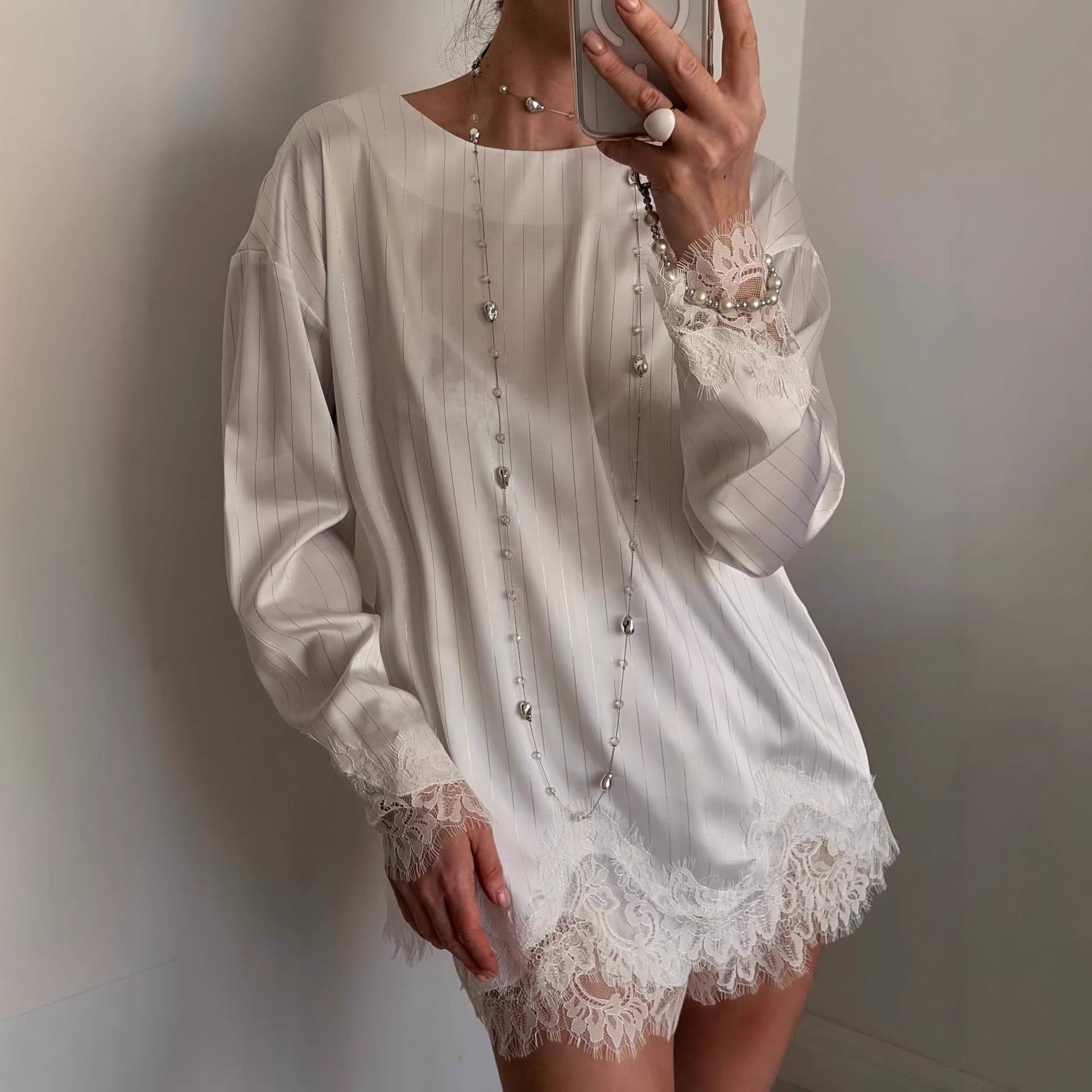 Elegant Long Sleeve Lace Pullover Blouse For Women In Polyester Fabric