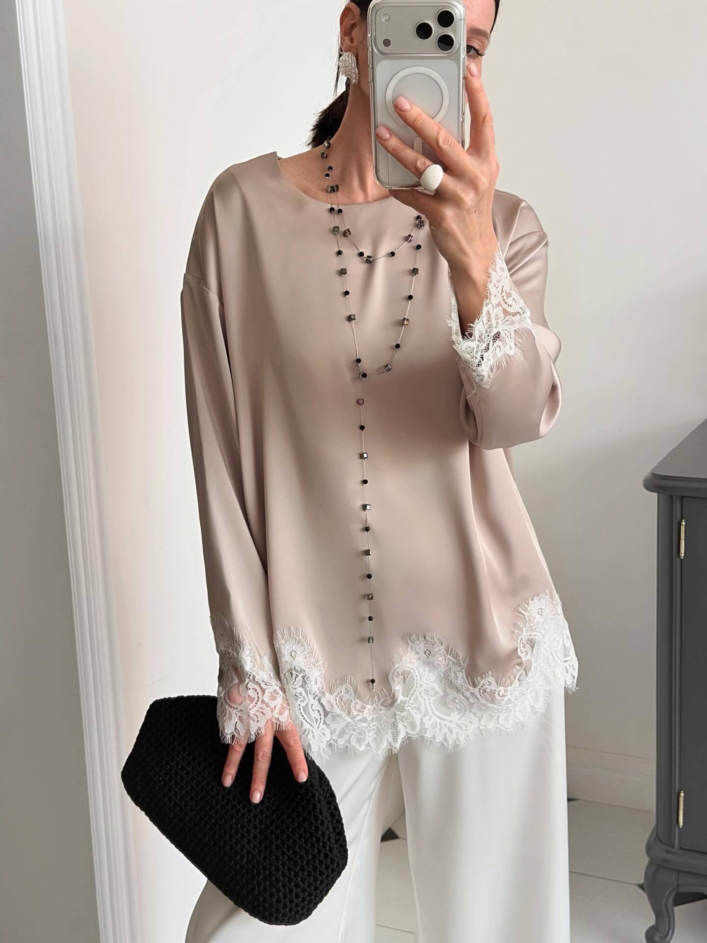 Elegant Long Sleeve Lace Pullover Blouse For Women In Polyester Fabric