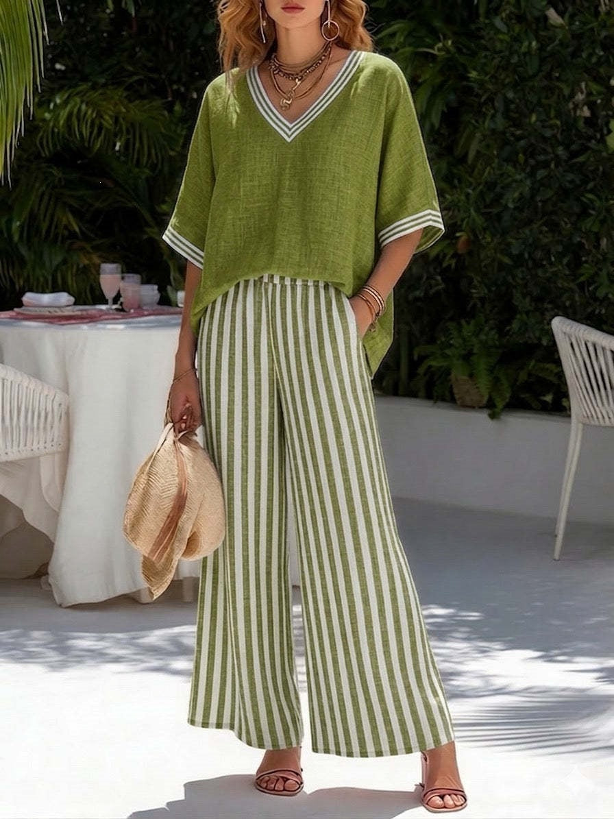 Casual Stripe Polyester Half Sleeve Top With Patchwork Craft, V Neck, 2 Pieces Set