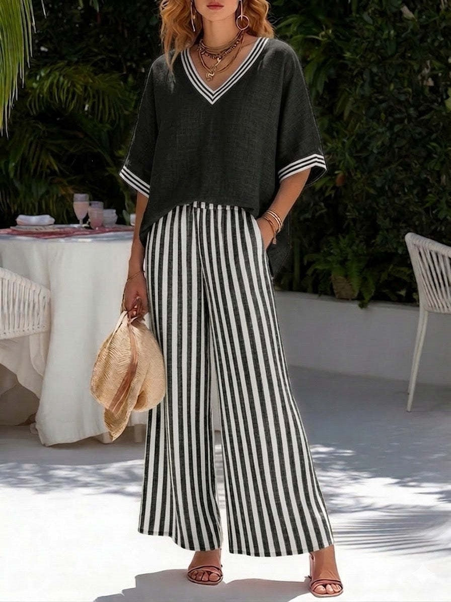 Casual Stripe Polyester Half Sleeve Top With Patchwork Craft, V Neck, 2 Pieces Set