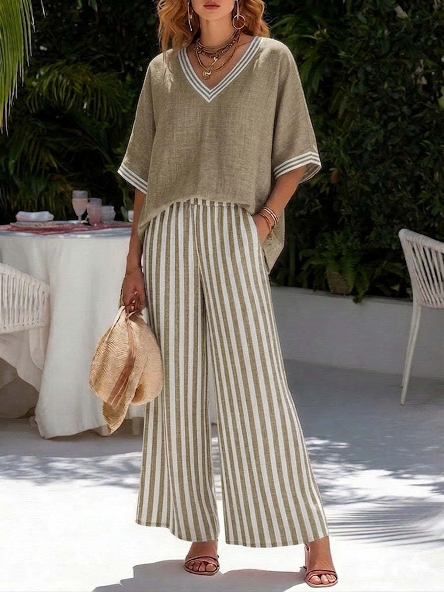Casual Stripe Polyester Half Sleeve Top With Patchwork Craft, V Neck, 2 Pieces Set