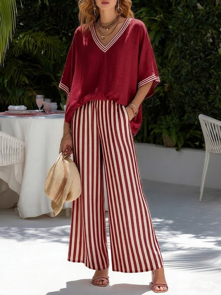 Casual Stripe Polyester Half Sleeve Top With Patchwork Craft, V Neck, 2 Pieces Set