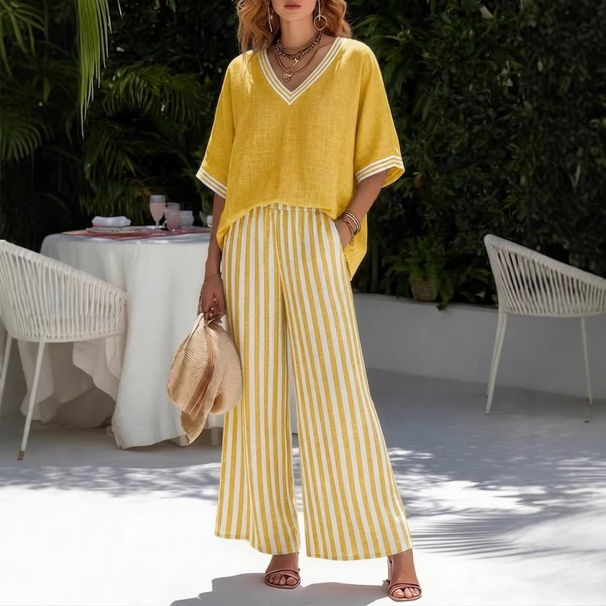 Casual Stripe Polyester Half Sleeve Top With Patchwork Craft, V Neck, 2 Pieces Set