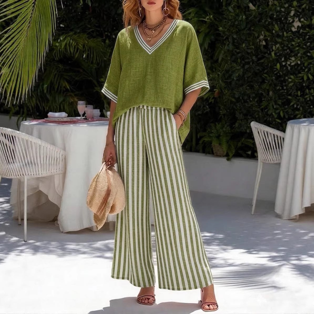 Casual Stripe Polyester Half Sleeve Top With Patchwork Craft, V Neck, 2 Pieces Set