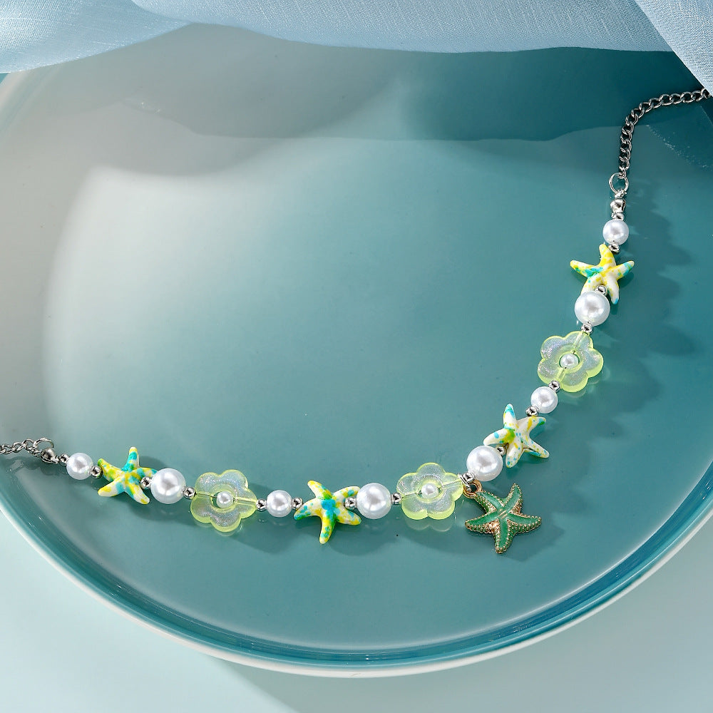 Bohemian Green Flowers Beaded Alloy Choker Necklace With Beaded Chain For Women