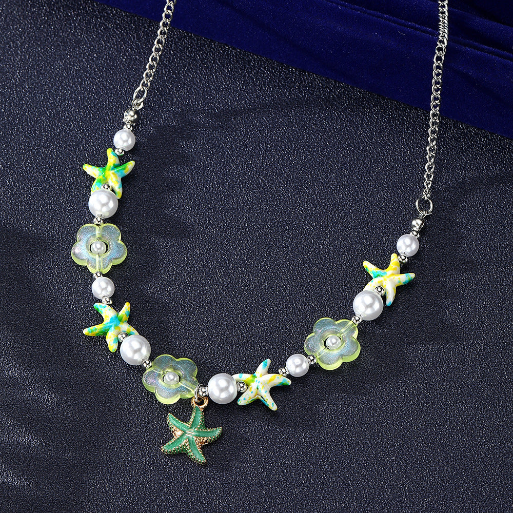 Bohemian Green Flowers Beaded Alloy Choker Necklace With Beaded Chain For Women