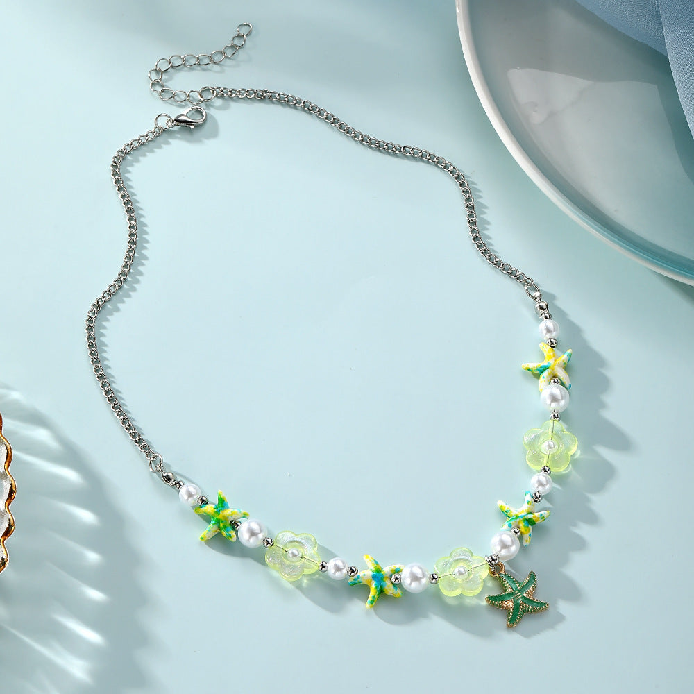 Bohemian Green Flowers Beaded Alloy Choker Necklace With Beaded Chain For Women