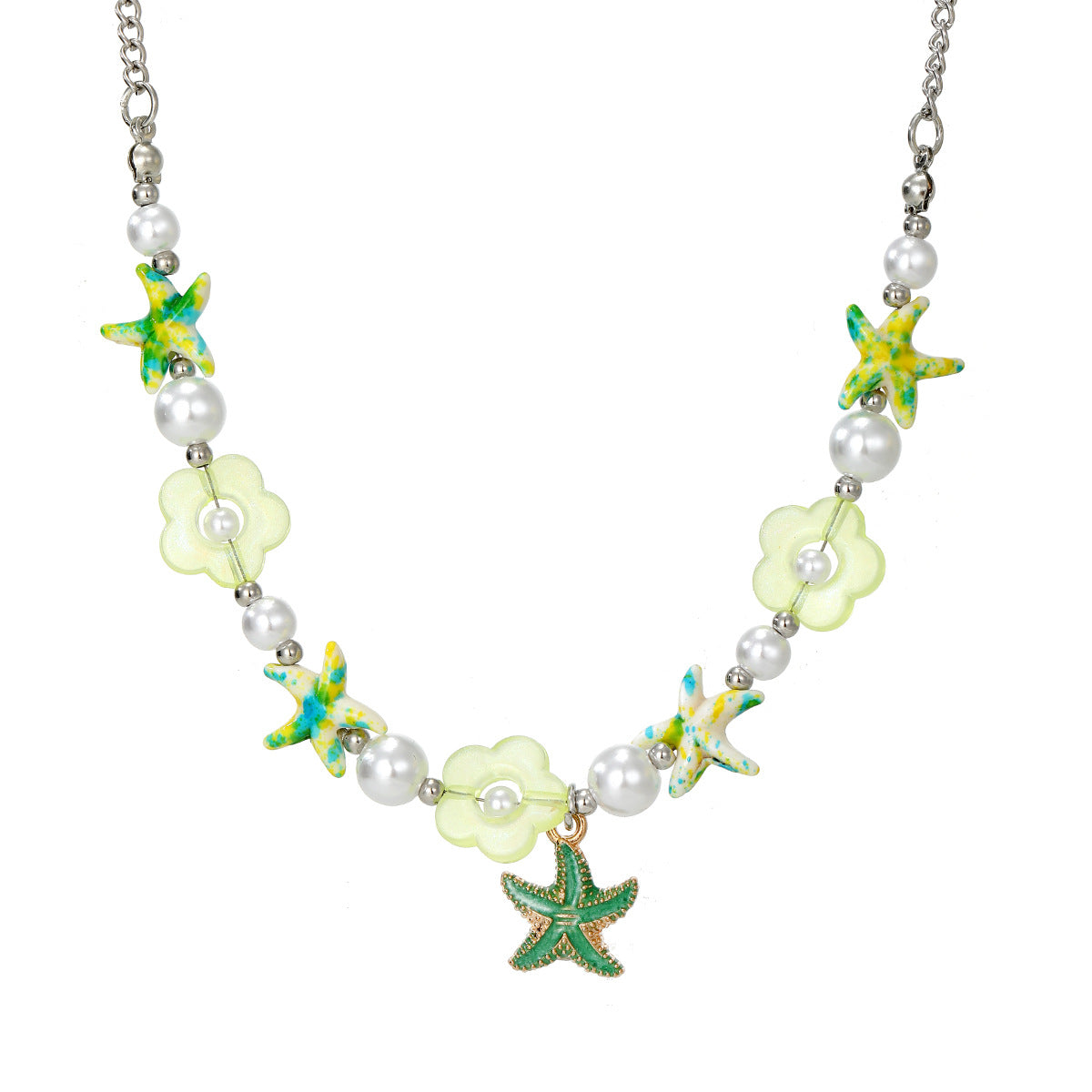 Bohemian Green Flowers Beaded Alloy Choker Necklace With Beaded Chain For Women