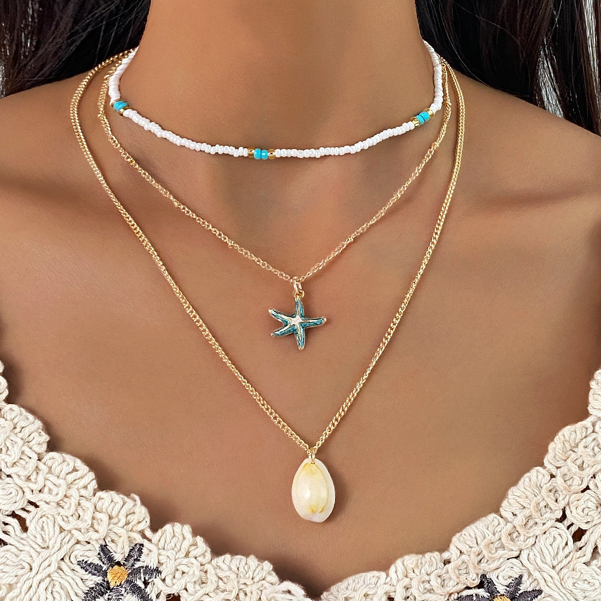 Bohemian Blue Conch Pendant Necklace For Women With Alloy Pendant And Cable Chain