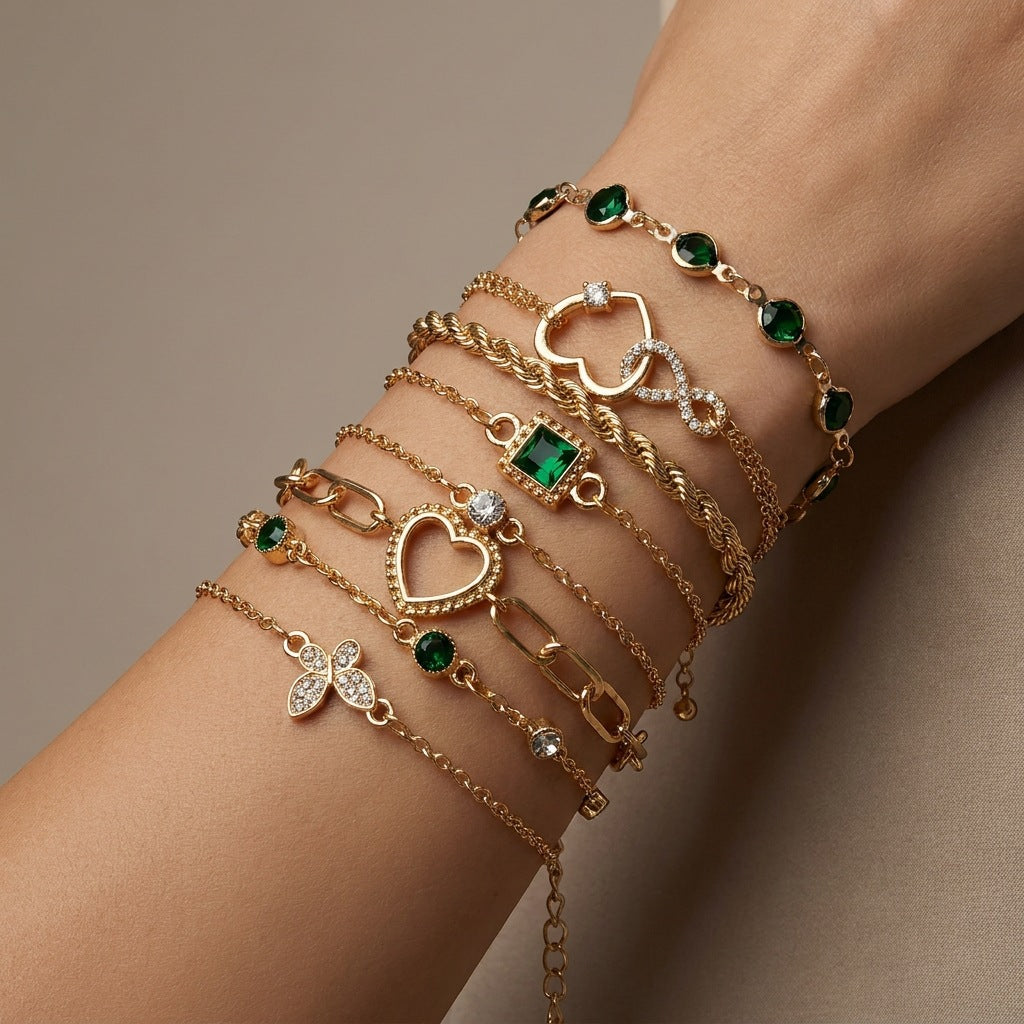 Exaggerated Heart Shape Bracelet For Women In Electroplated Iron With May Birthstone Emerald And Zircon Inlay