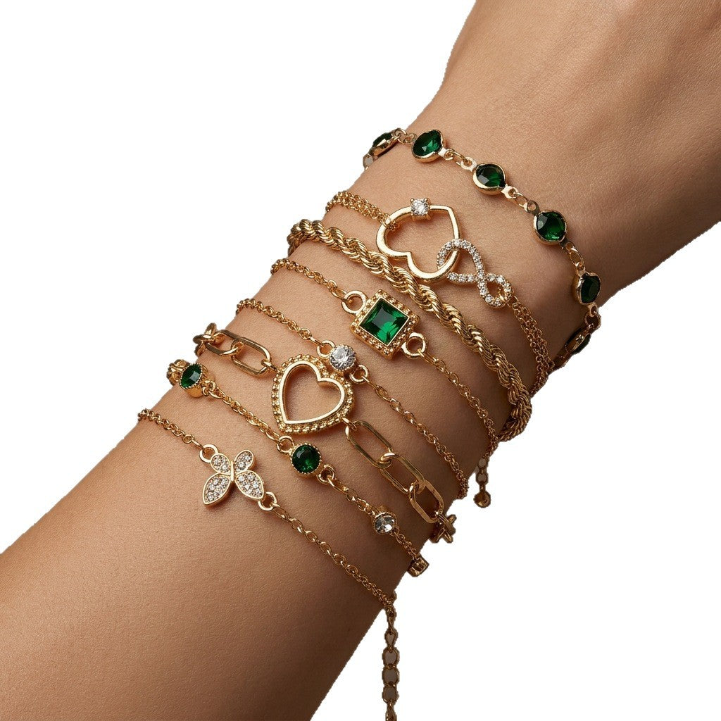Exaggerated Heart Shape Bracelet For Women In Electroplated Iron With May Birthstone Emerald And Zircon Inlay