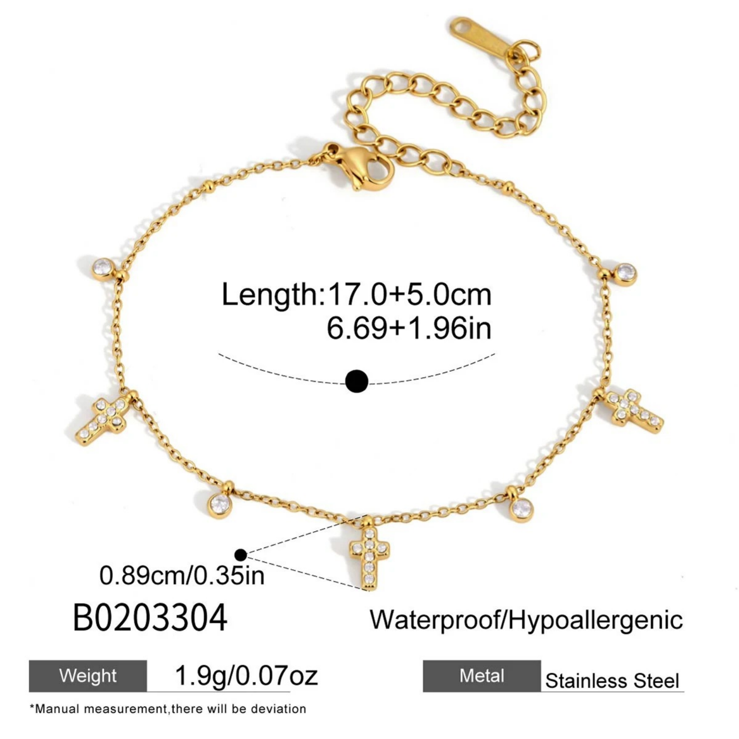 Hypoallergenic Cross Bracelet For Women In 304 Stainless Steel With 18K Real Gold Plated PVD Coating And Zircon Inlay, Handmade Chain