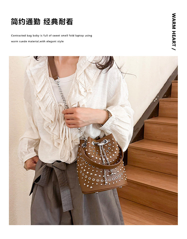Adult PU Leather Bucket Crossbody Bag For Women Featuring Rivet Design, Suitable For All Seasons
