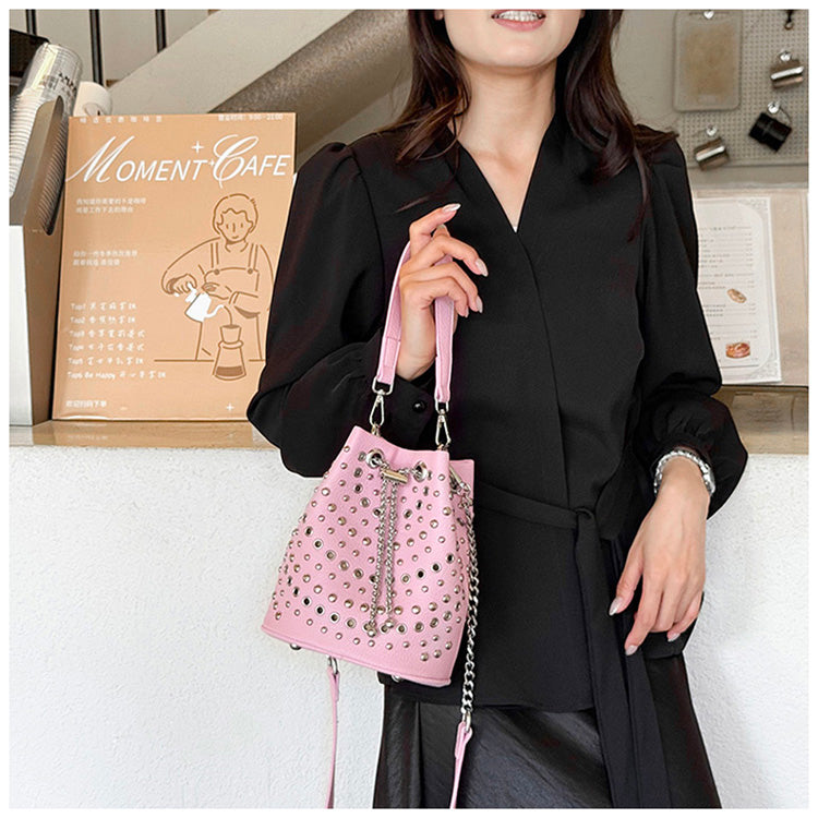 Adult PU Leather Bucket Crossbody Bag For Women Featuring Rivet Design, Suitable For All Seasons