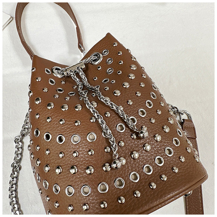 Adult PU Leather Bucket Crossbody Bag For Women Featuring Rivet Design, Suitable For All Seasons