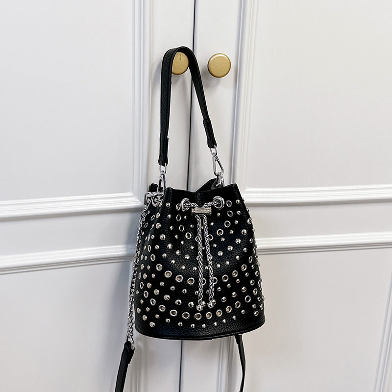 Adult PU Leather Bucket Crossbody Bag For Women Featuring Rivet Design, Suitable For All Seasons