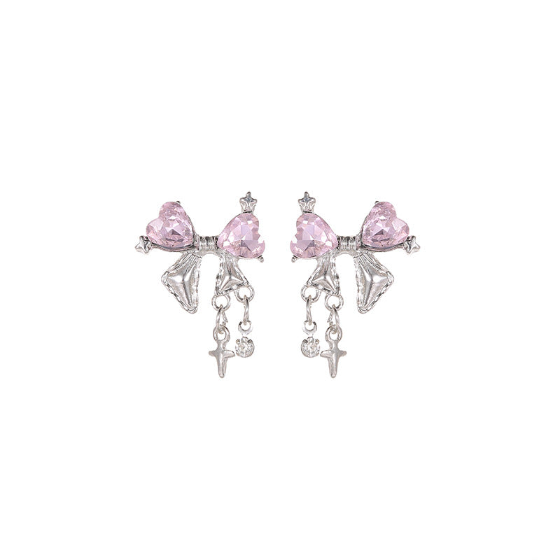 Sweet Natural Pink Bow Tie Stud Earrings For Women With Zircon Inlay In Alloy