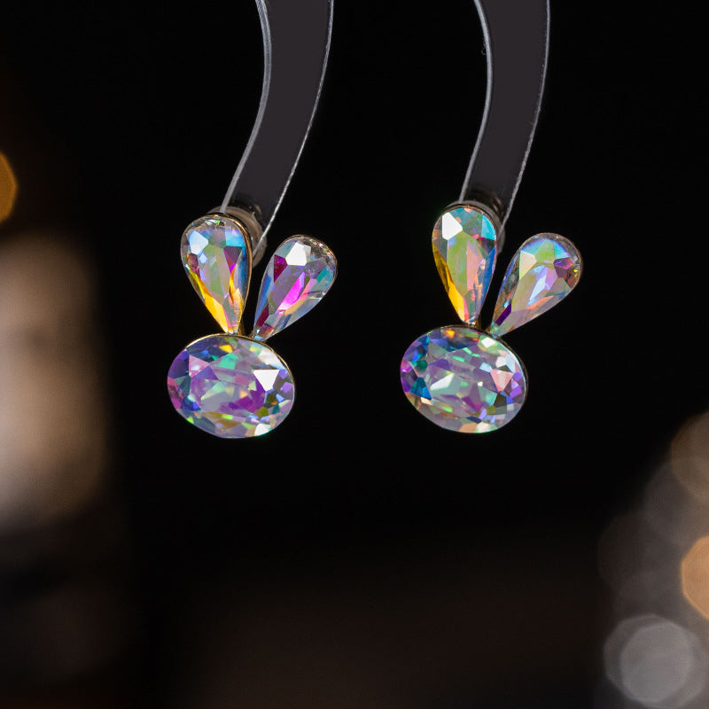 Cute Rabbit Faceted Stud Earrings For Women With 925 Sterling Silver Posts And Crystal Inlay In Zinc Alloy