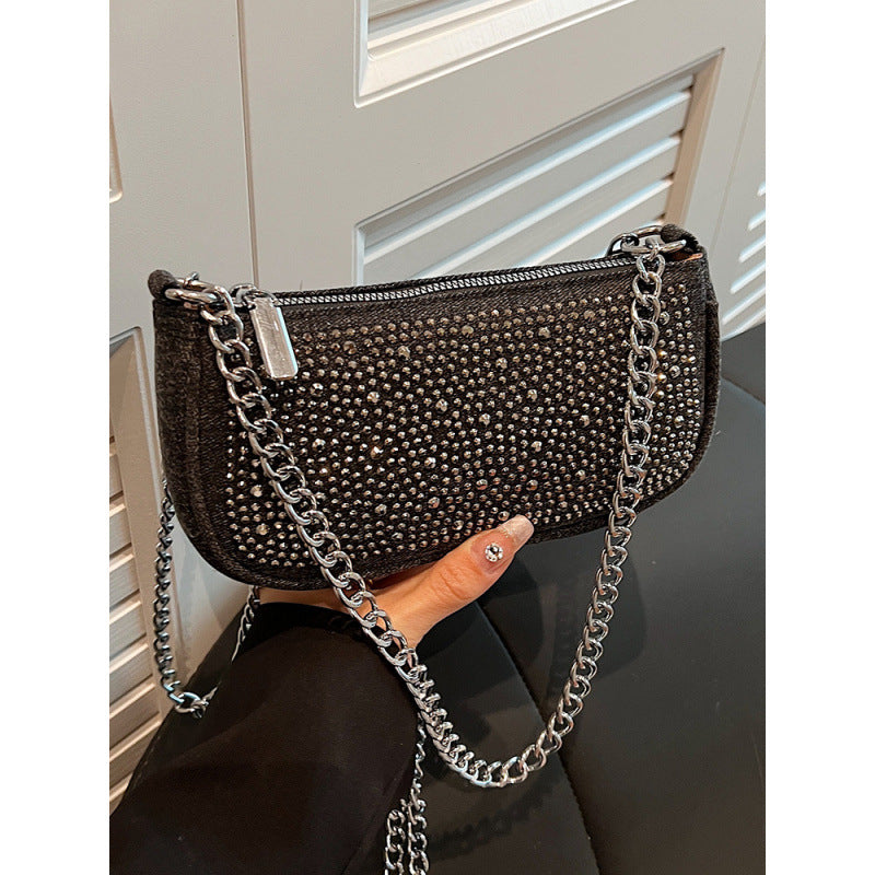 Glittery Square Denim Crossbody Bag For Women Featuring Rhinestones With Chain Strap