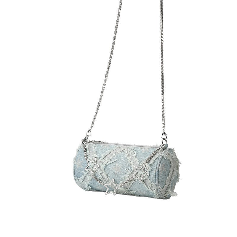 Lingge Cylindrical Denim Shoulder Bag For Women Featuring Chain Design, Perfect For Summer